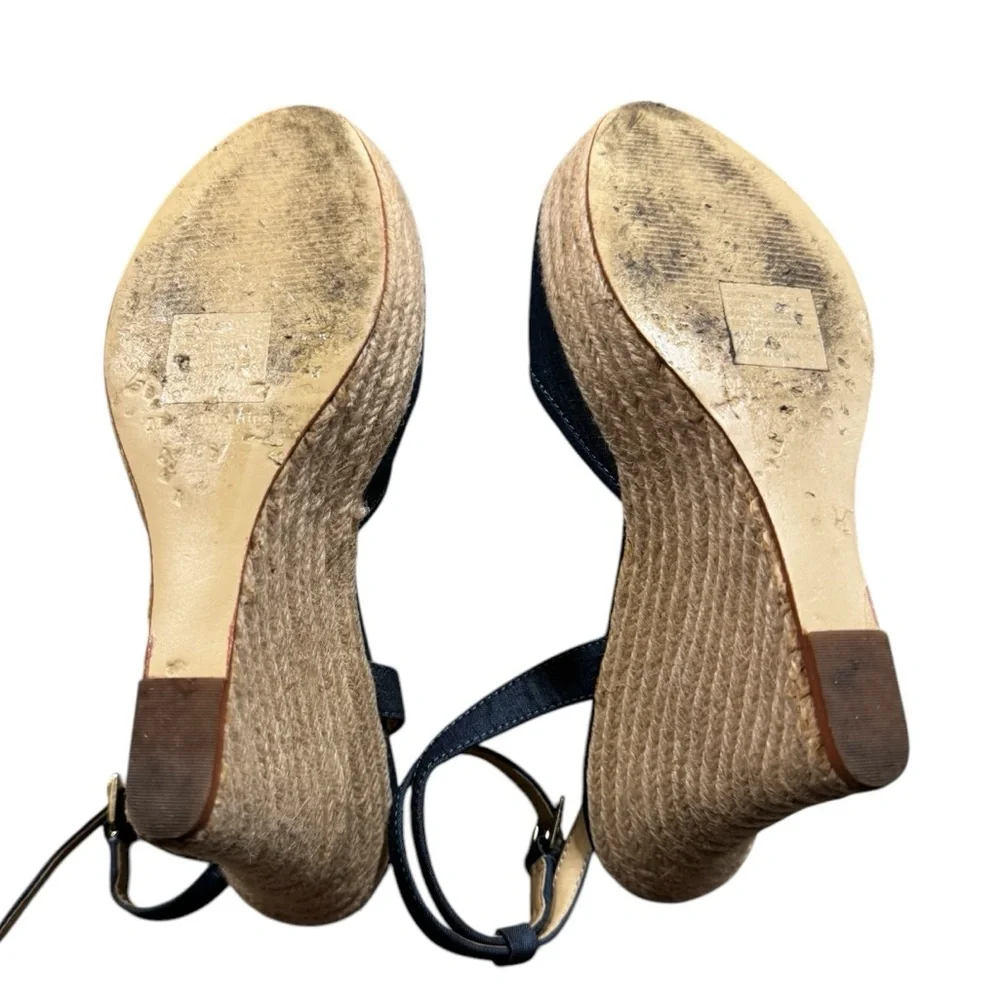EUC Victoria's Secret ESPADRILLE NAVY CANVAS ANKLE STRAP WEDGE SANDAL …